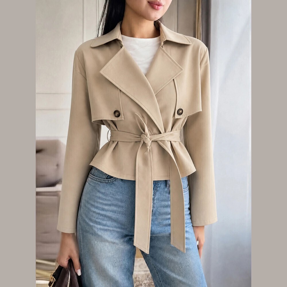 Tan Belted Cropped Trench Jacket with Lapel Collar & Button Tabs